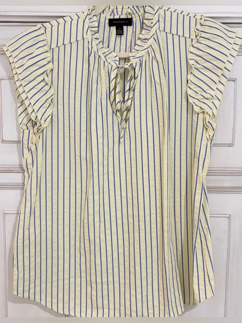 PRELOVED SZ L Tamara H Yellow & Blue Striped Ruffle Sleeve Blouse